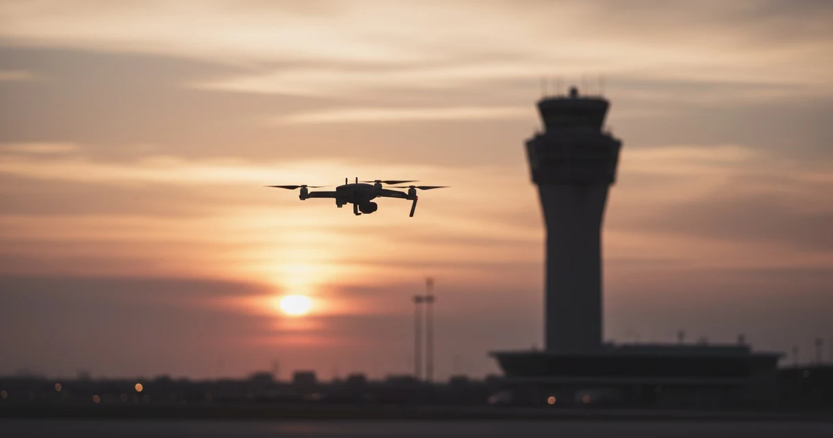 Dronă quadcopter văzută pe cer lângă turnul de control al unui aeroport în amurg — ilustrație pentru compensarea zborului anulat din cauza unei drone