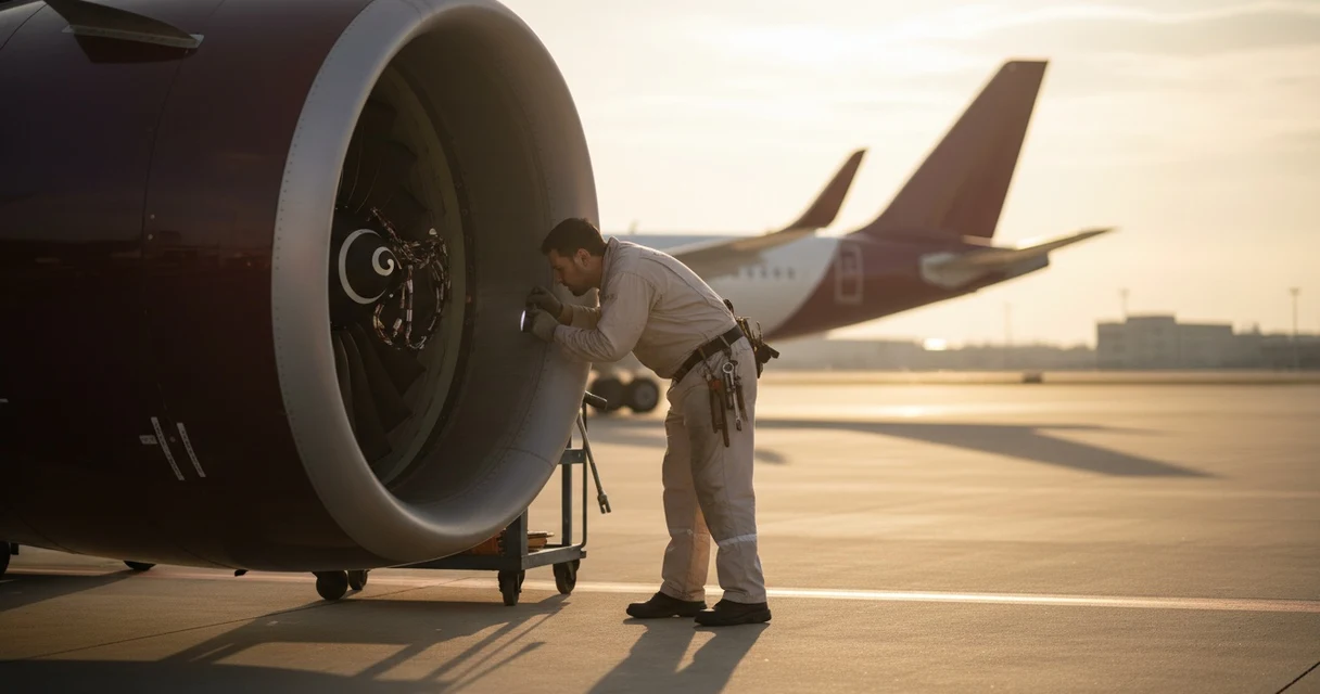 Tehnician de mentenanță inspectând motorul unui avion de pasageri pe platforma aeroportului — ilustrație pentru compensarea zborului anulat din motive tehnice