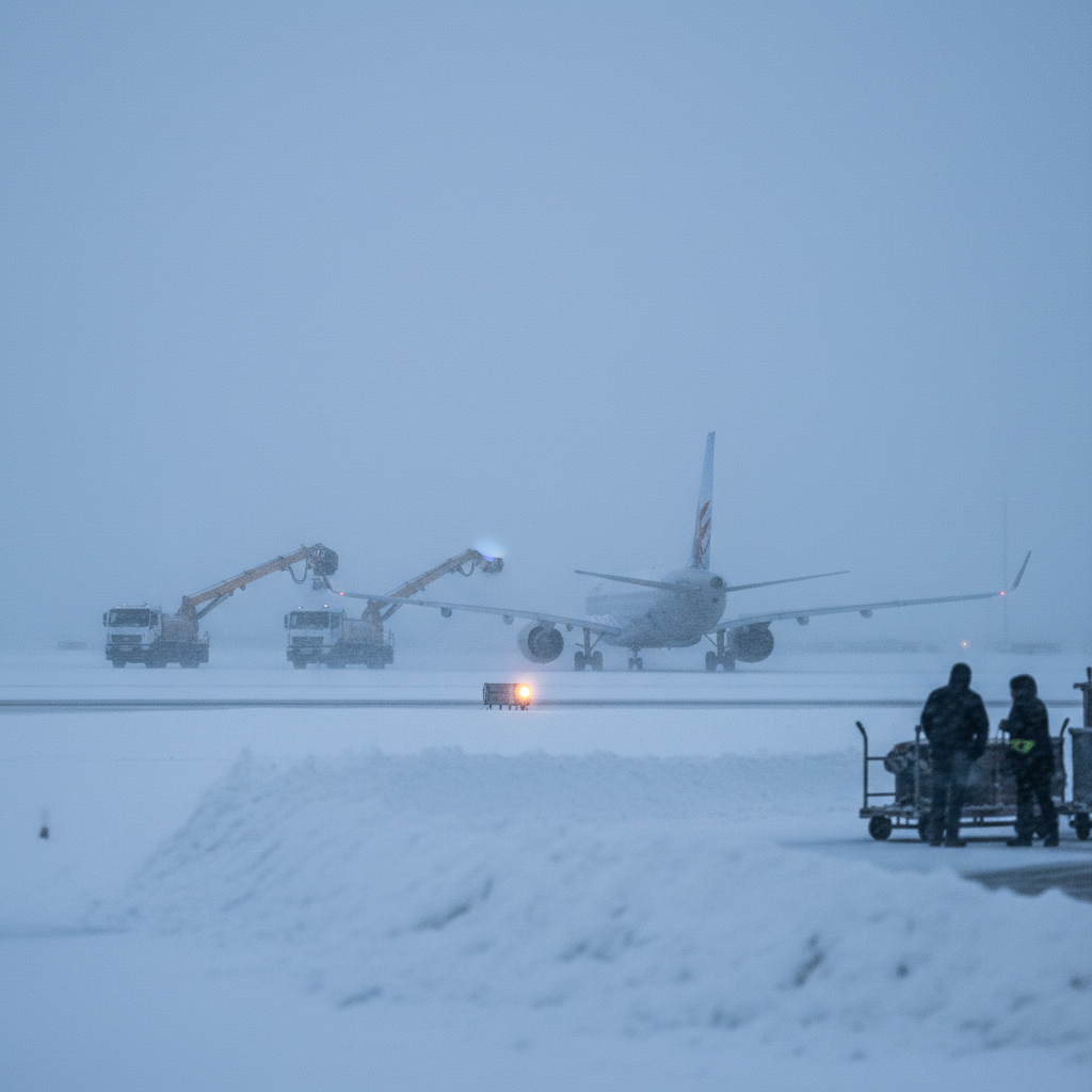 Avion pe pistă acoperită cu zăpadă