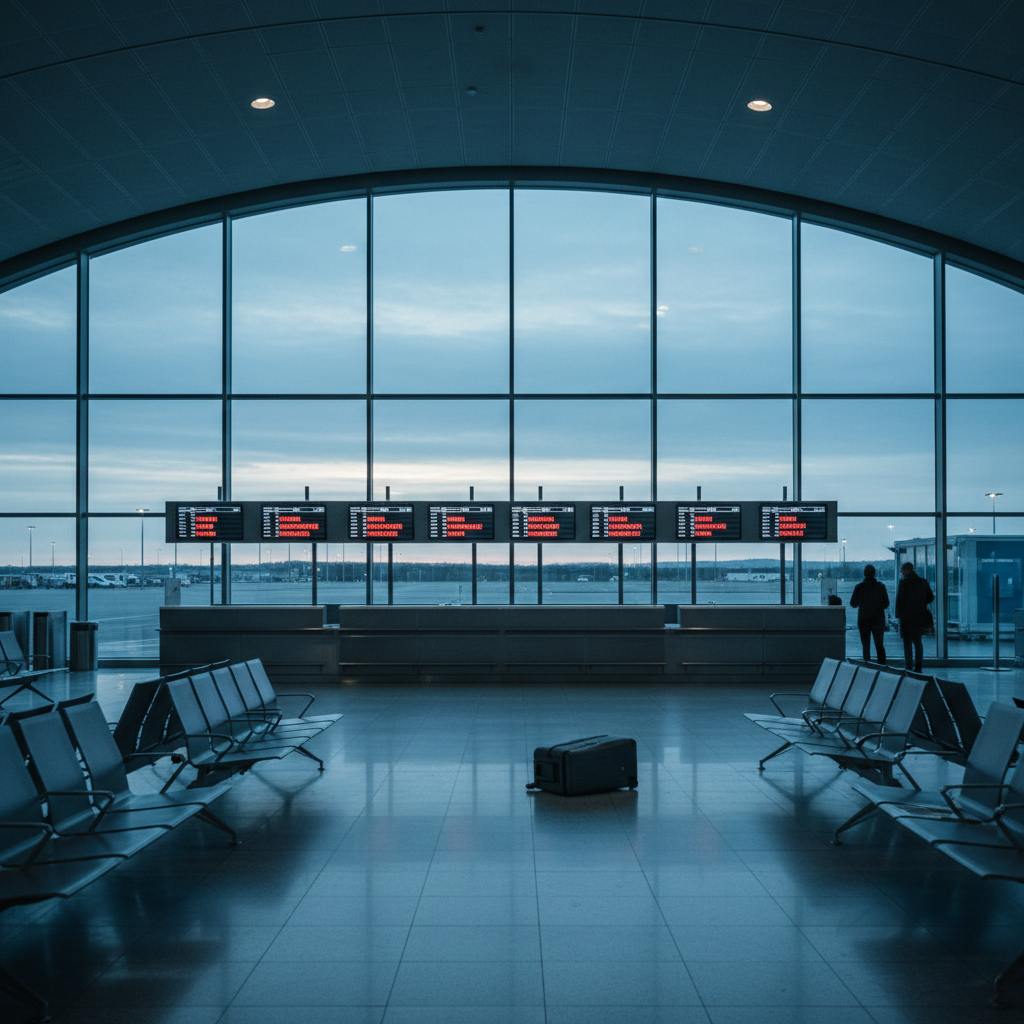Empty airport gate — cancelled flights from a strike