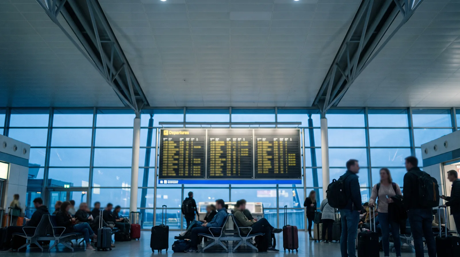 Panou de plecări într-un terminal aglomerat, cu pasageri în așteptare