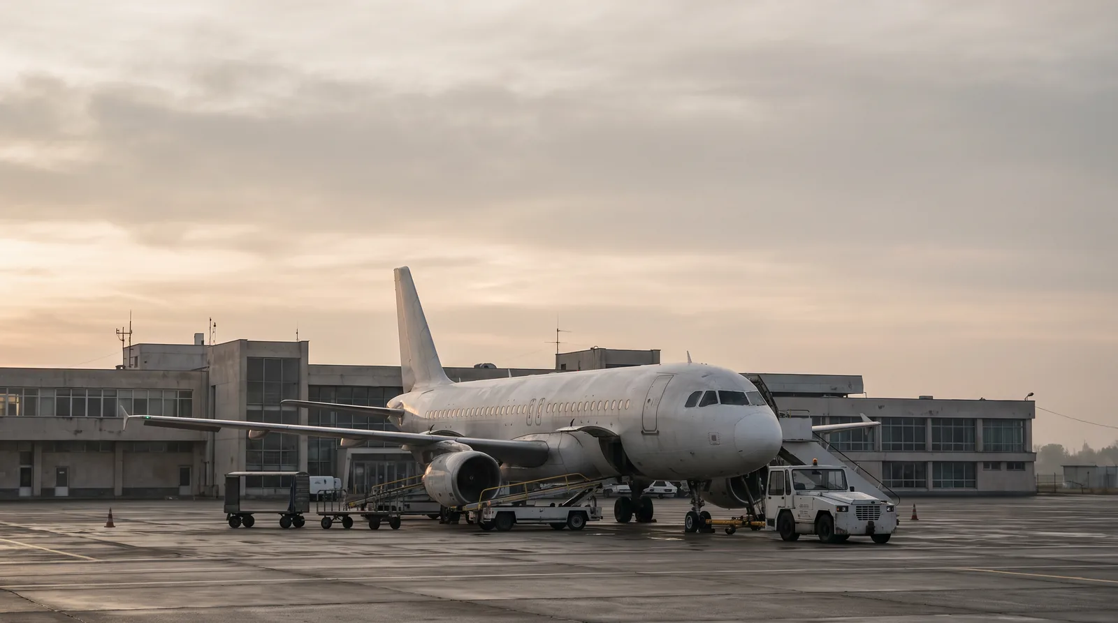 Avion HiSky pe platforma unui aeroport din România dimineața