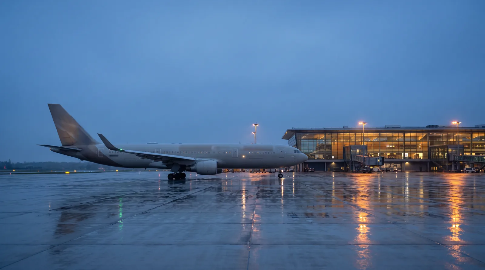 Aeronavă rulând în fața terminalului unui mare aeroport de tranzit